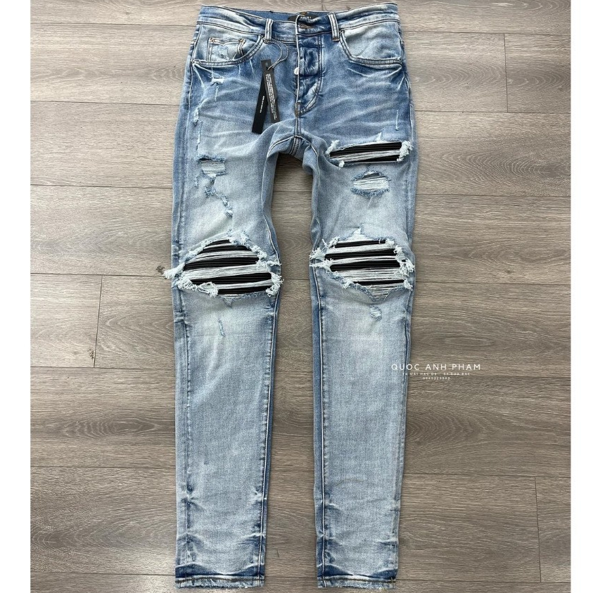 Quần AMIRI 4 Cúc Xanh Gối Vá Da Nhăn Quần Skinny Jean Amiri Nam Rách Gối Da Đen Trắng Đỏ Vá Họa Tiết Hot