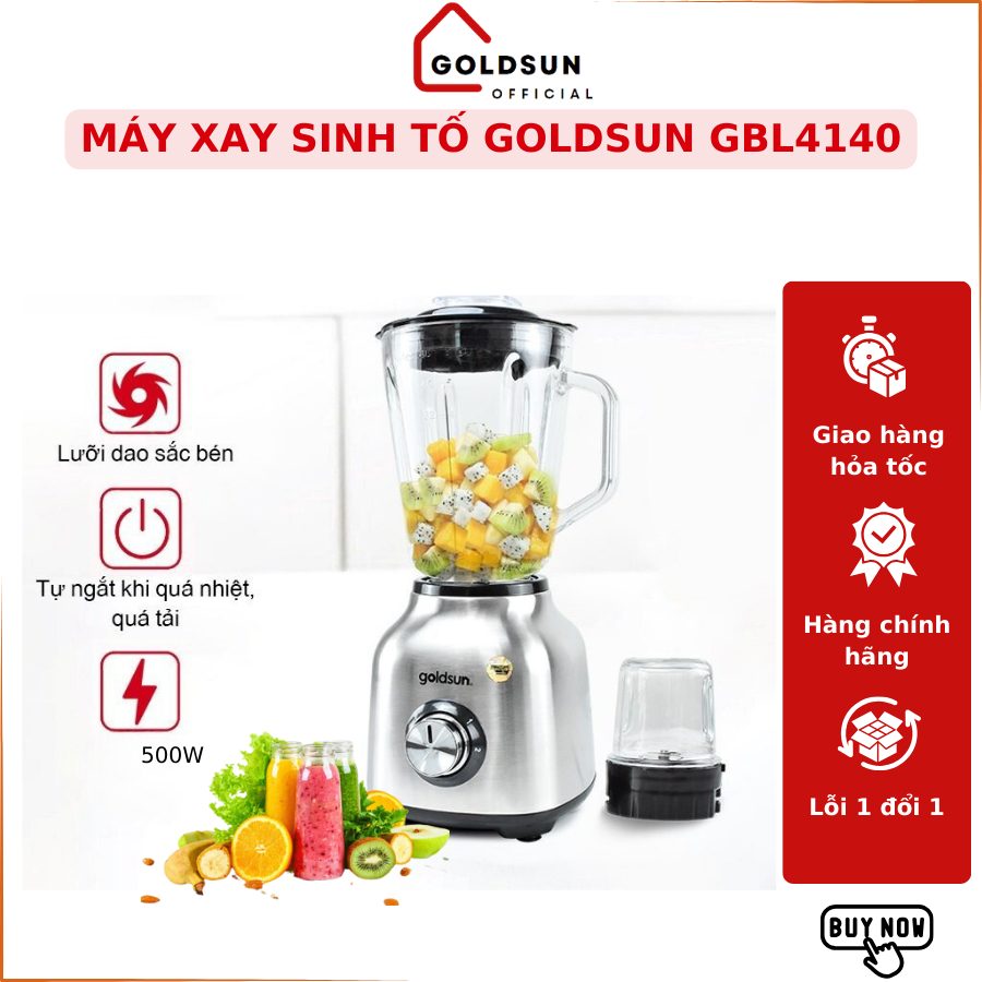 Máy xay sinh tố Goldsun GBL4140 công suất 500W 2 cối xay thủy tinh cao cấp lưỡi dao 6 cánh inox không gỉ