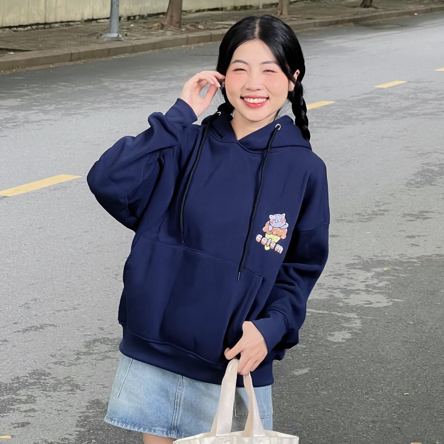 Calem Club - Áo Hoodie Chui Đầu nỉ lót bông thêu MOEW form Boxy