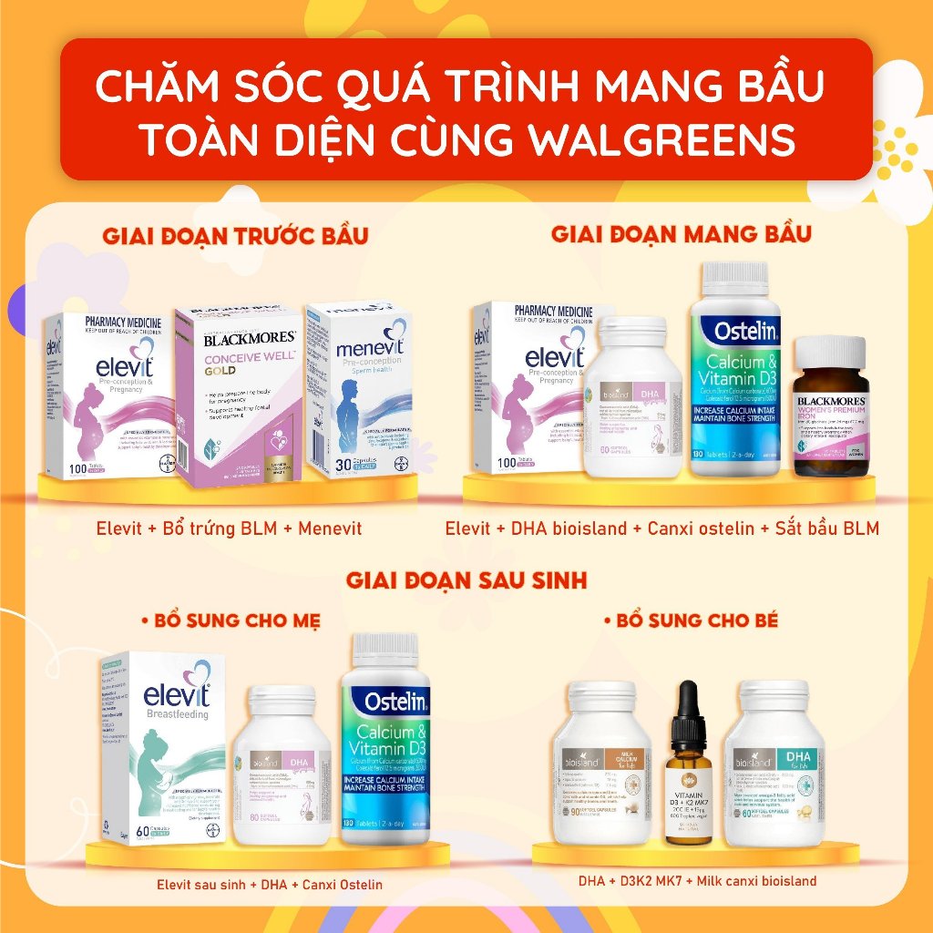 Combo Ostelin, Bioisland, Elevit chăm sóc sức khoẻ mẹ bầu mẹ khoẻ bé thông minh