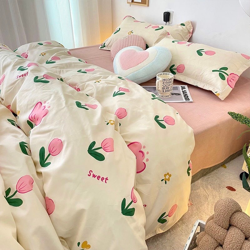 Bộ vỏ chăn ga gối cotton poly Lidaco decor phòng ngủ vintage - Tuylip hồng sweet (SP001491 )