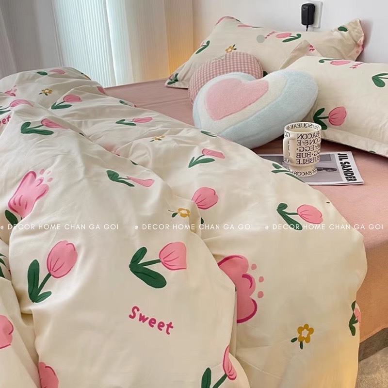 Bộ vỏ chăn ga gối cotton poly Lidaco decor phòng ngủ vintage - Tuylip hồng sweet (SP001491 )