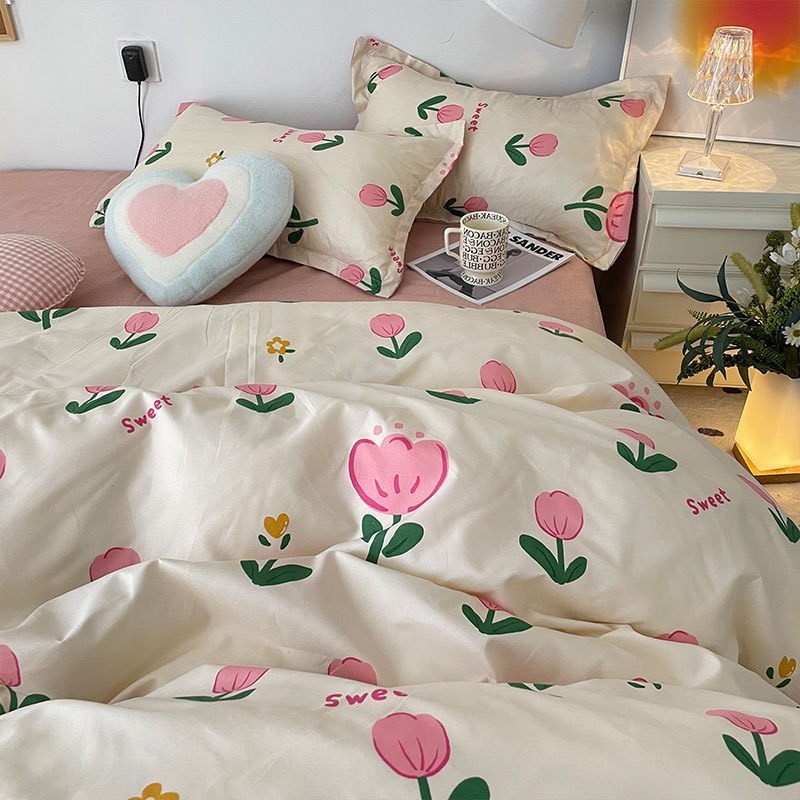 Bộ vỏ chăn ga gối cotton poly Lidaco decor phòng ngủ vintage - Tuylip hồng sweet (SP001491 )