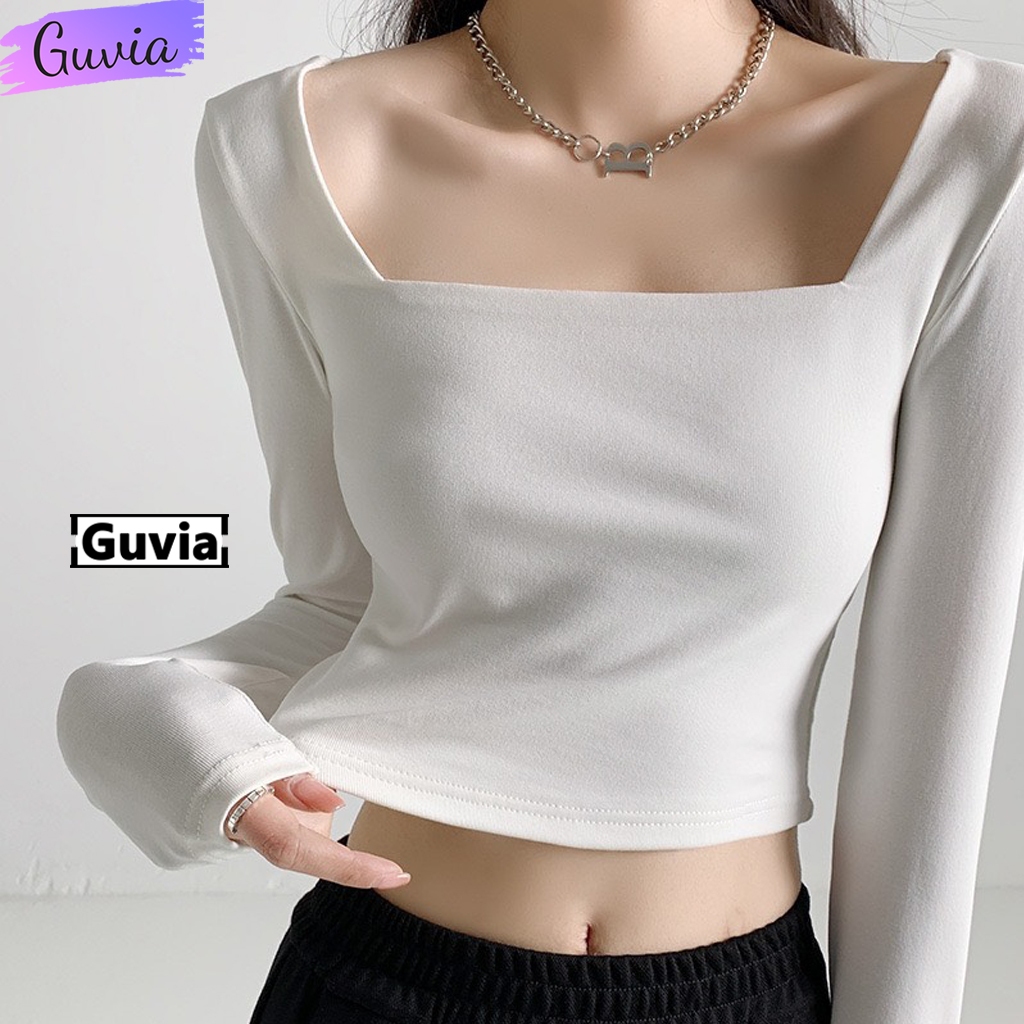 Áo Croptop Nữ Cổ Vuông Tay Dài Ôm Body Co Giãn Tốt, Áo Croptop Tay Dài Cổ Vuông Thun Borip GUVIA CR24