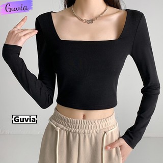 Áo croptop nữ cổ vuông tay dài ôm body co giãn tốt, áo croptop tay dài cổ vuông thun borip guvia cr24