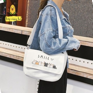 Túi vải đeo chéo mèo cute có túi con đựng sách a4 tote canvas đi học đi chơi nút nam châm