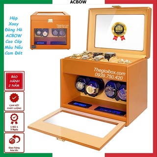 Tủ Đồng Hồ Cơ ACBOW 4 Xoay + 6 Tĩnh Kèm Ngăn Trang Sức [Màu Nâu Cam Đất] Sang Trọng Cao Cấp - Hộp Quay Tích Cót Đồng Hồ