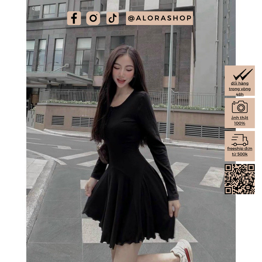 Váy len tăm cổ tròn dài tay hàng cúc dáng xòe thời trang nữ Alora