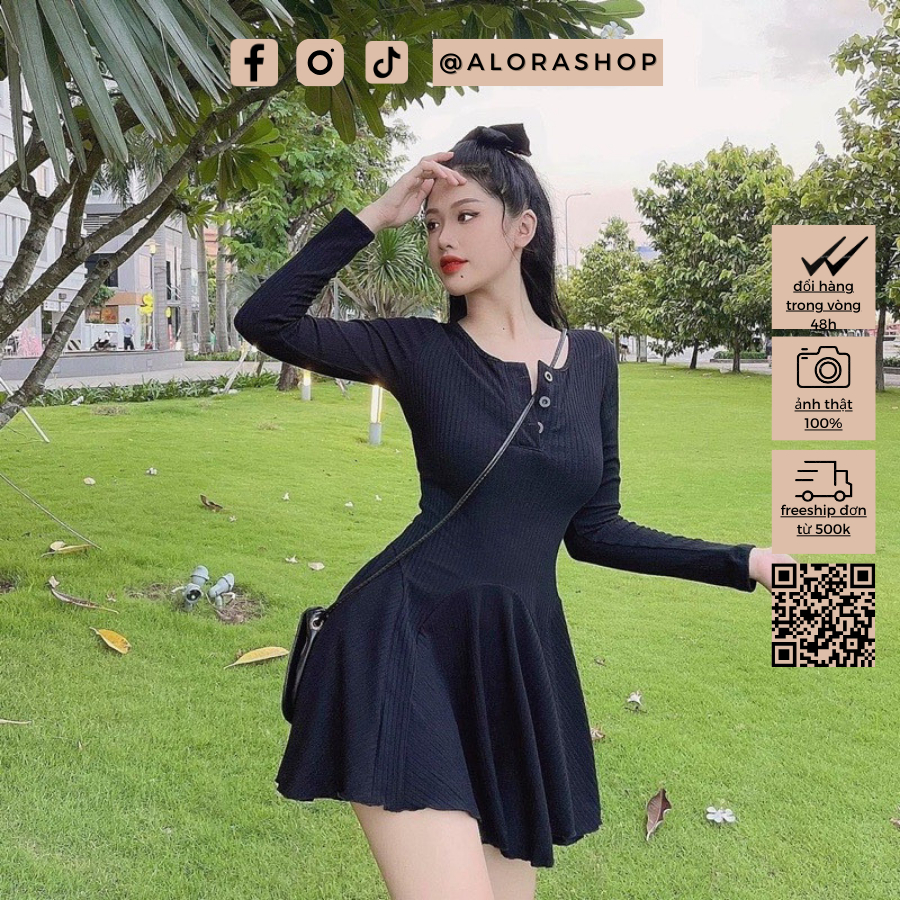 Váy len tăm cổ tròn dài tay hàng cúc dáng xòe thời trang nữ Alora