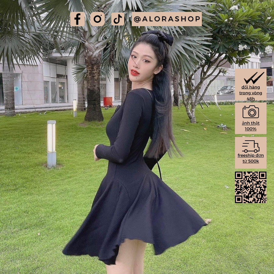 Váy len tăm cổ tròn dài tay hàng cúc dáng xòe thời trang nữ Alora