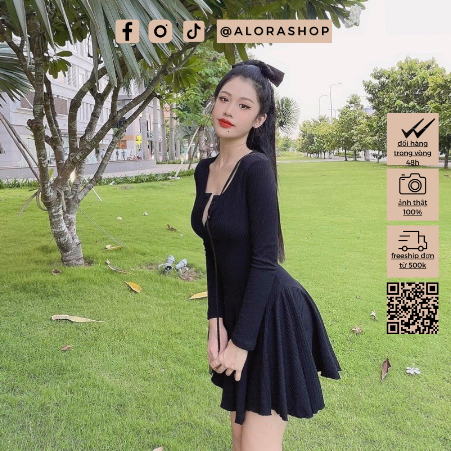 Váy len tăm cổ tròn dài tay hàng cúc dáng xòe thời trang nữ Alora