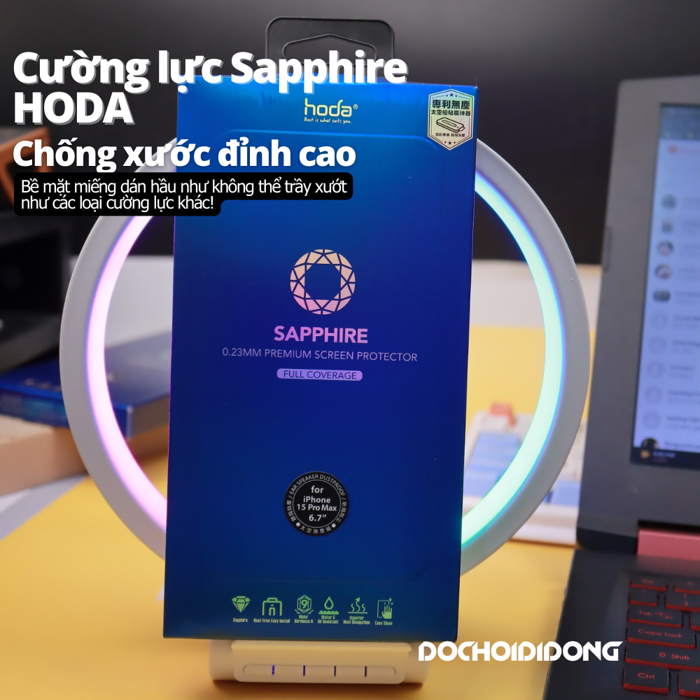 Miếng Dán Cường Lực Màn Hình IPhone 15 Pro - 15 Pro Max - 14 Pro Max  Hoda Sapphire với khung dán chống bụi