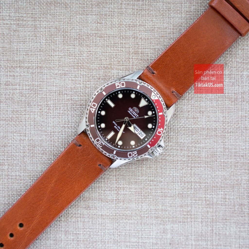 Dây đồng hồ nam da bò thật khóa Đen không chỉ viền, Size 18mm đến 22mm