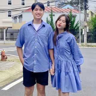 Set Xanh jeans đồ đôi gồm áo sơmi và váy Dearluv