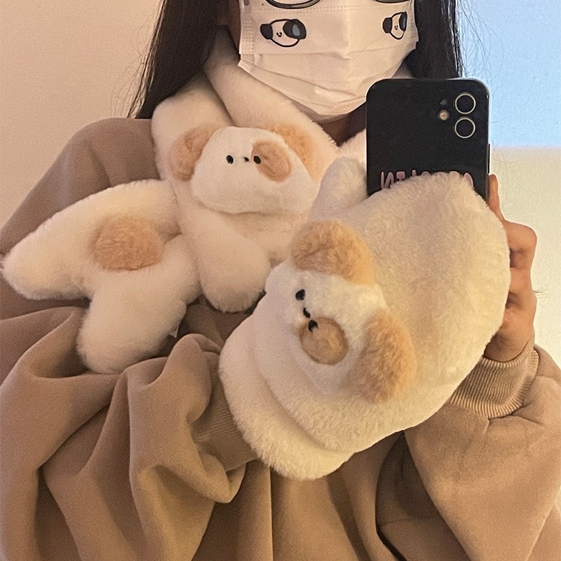 KHĂN CHOÀNG CỔ LÔNG MỊN VÀ GĂNG TAY CHẤT BÔNG HÌNH CHÚ CHÓ MẮT NÂU