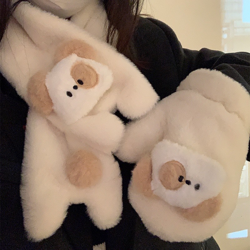 KHĂN CHOÀNG CỔ LÔNG MỊN VÀ GĂNG TAY CHẤT BÔNG HÌNH CHÚ CHÓ MẮT NÂU