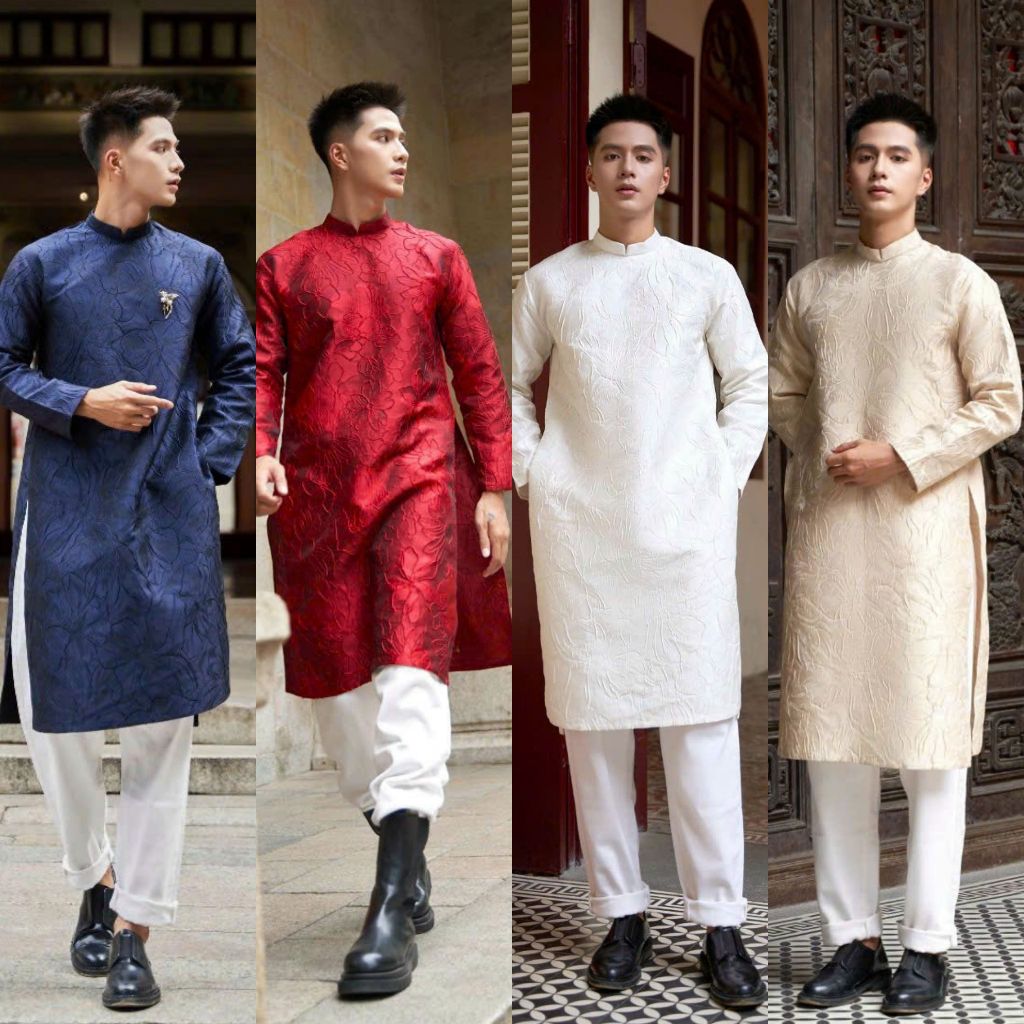 Áo dài nam cách tân chất gấm vân nổi cực sang và cá tính màu xanh navy