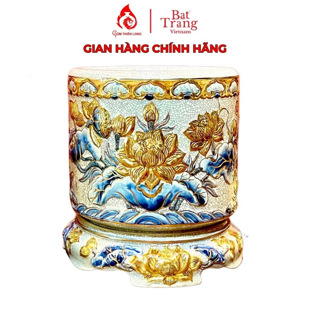 Bộ Bát hương Bát Tràng kèm đế sứ Gốm Thiên Long 231006 men rạn đắp nổi vẽ vàng hoa sen - Full size