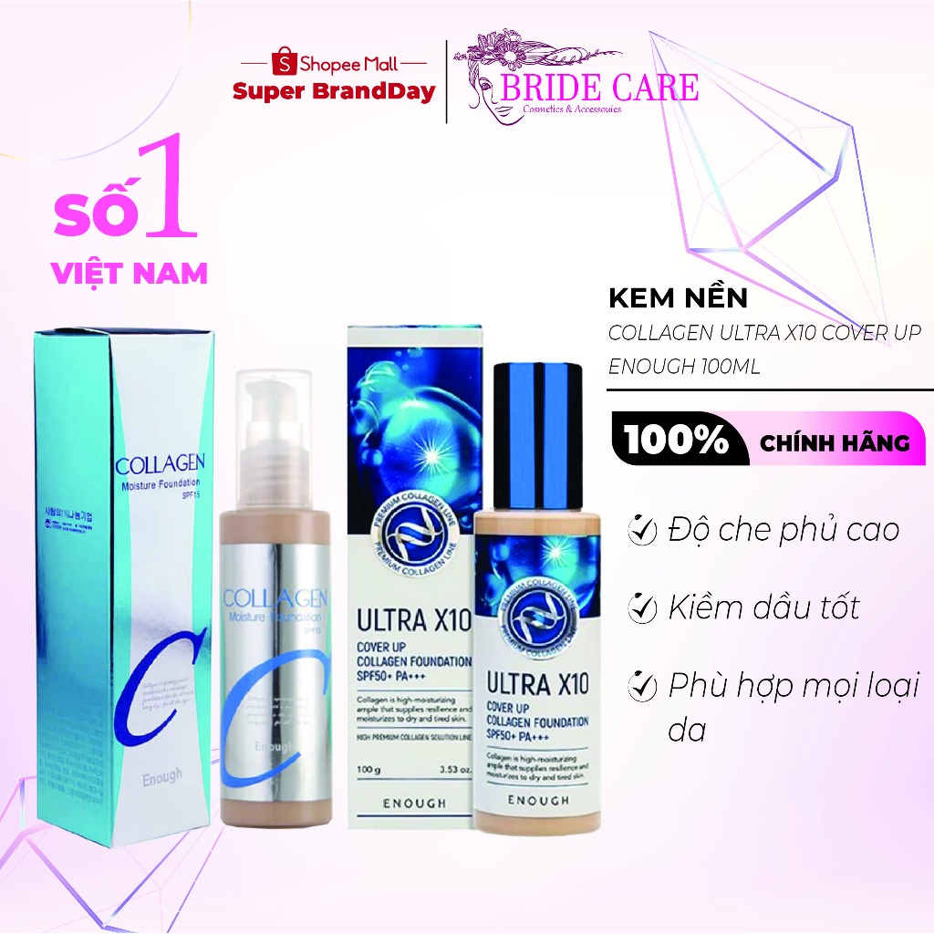 Kem nền Collagen Ultra X10 Cover Up Enough 100ml Hàn Quốc makeup tạo lớp nền bóng phù hợp cho tất cả các loại da