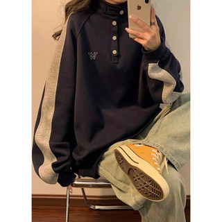  Áo Sweater Nỉ bông dáng rộng Unisex thêu W cổ trụ 2 màu Áo nỉ Hoodie cổ trụ cúc bấm nỉ bông dày dặn cực chất 