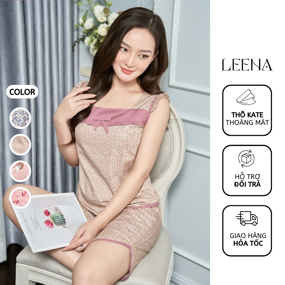 Bộ Ngủ Vải Thô Kate Dáng Áo Sát Nách Cánh Tiên Quần Lửng Bộ Mặc Nhà Thoáng Mát Thấm Hút Mồ Hôi Leena Homwear 23T3