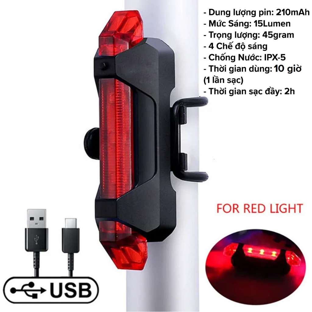 Đèn Báo Hiệu Gắn Đuôi Xe Đạp 5 Bóng LED 4 Chế Độ Sáng Có Pin Sạc USB Cảnh Báo An Toàn Chính Hãng Amalife