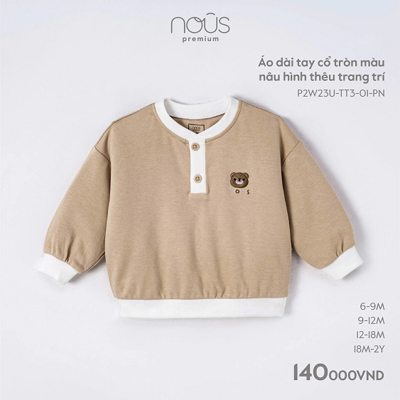 Áo Nous dài tay cổ tròn màu nâu hình thêu trang trí 6M 9M 12M 18M