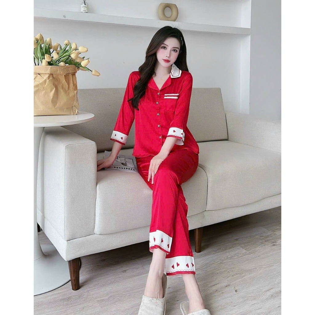 Bộ đồ mặc nhà Anna nữ, chất lụa Luxury cao cấp mềm mịn nhẹ thoáng kiểu trơn đơn giản phối viền cổ họa tiết tim xinh yêu