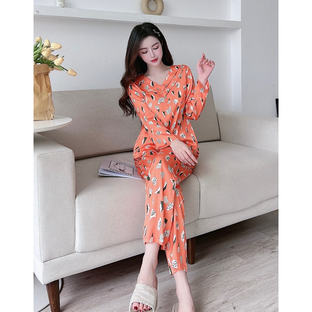 Bộ đồ mặc nhà thu đông Winny, set bộ đồ ngủ nữ chất lụa mềm mịn dáng dài họa tiết hình độc lạ bắt mắt thiết kế cổ chữ V