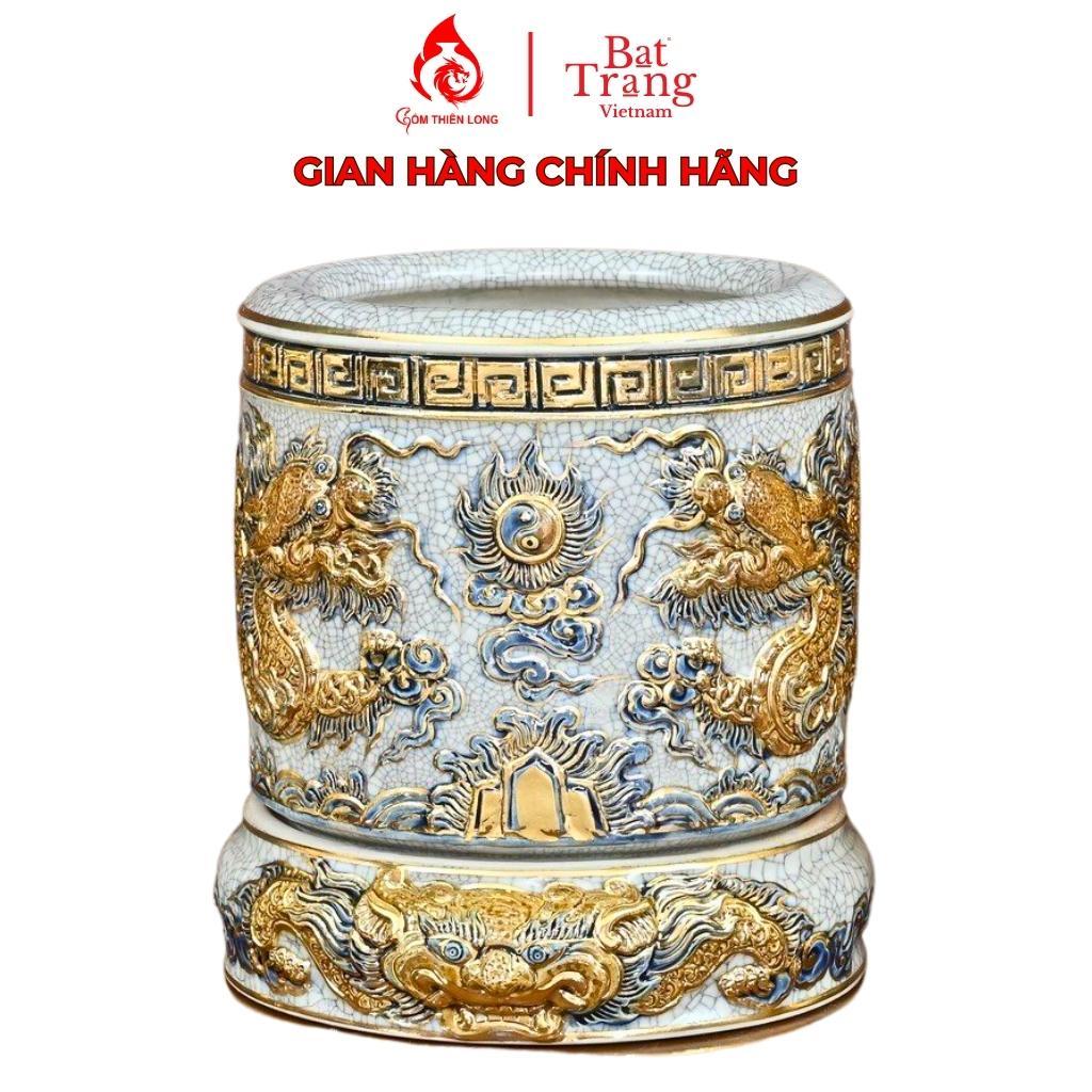 Bộ Bát hương Bát Tràng kèm đế sứ Gốm Thiên Long 231010 men rạn đắp nổi vẽ vàng long chầu nguyệt - Full size