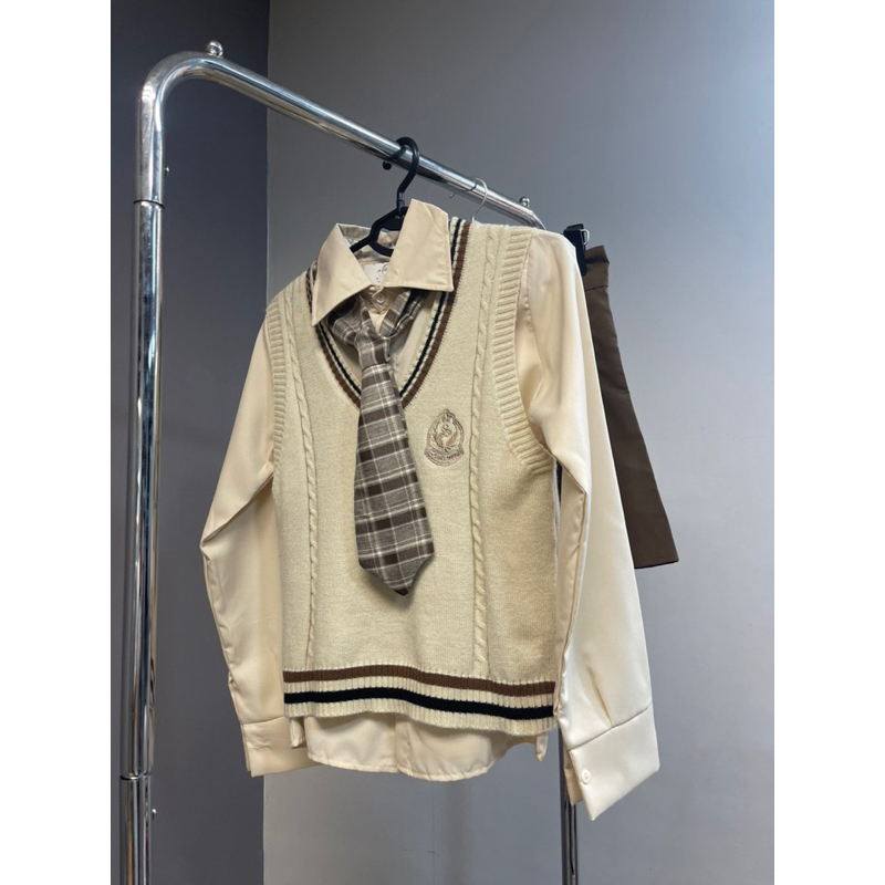 Set Học Sinh Áo Gile Phối Sơ Mi kèm chân váy tennis nâu Thuỳ Ngô Thanh Store