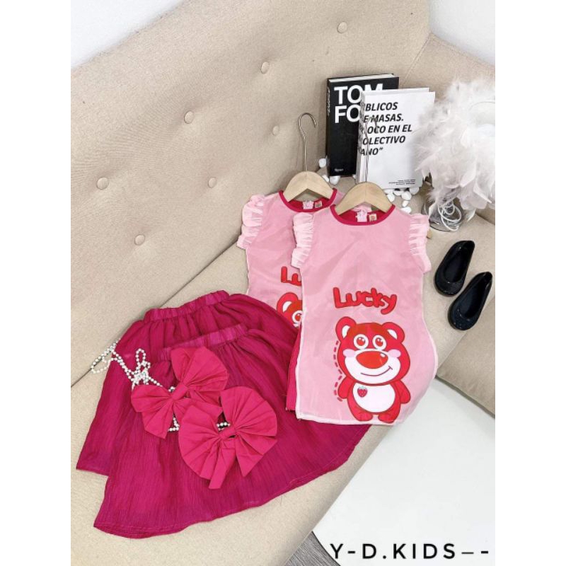 Set gấu dâu cho bé gai 8 đến 28kg.hình thật trải sàn.set 3 món ak