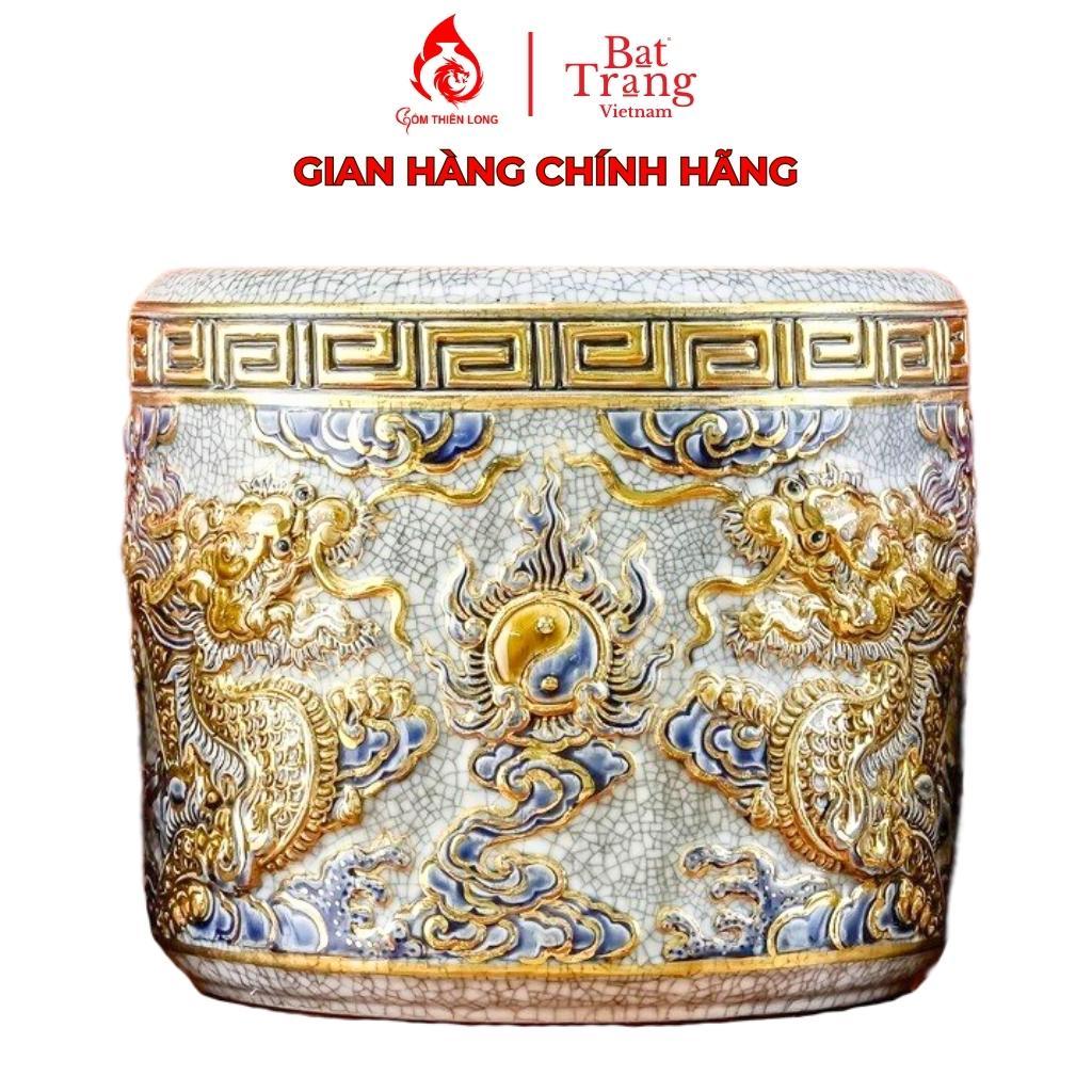 Bát hương Bát Tràng Gốm Thiên Long 231013 men rạn đắp nổi vẽ vàng long chầu nguyệt - Full size