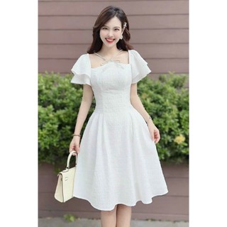 Đầm nữ đi chơi dễ thương, đầm nữ tay bèo chất xốp yến 2 lớp có mút thiết kế y hình