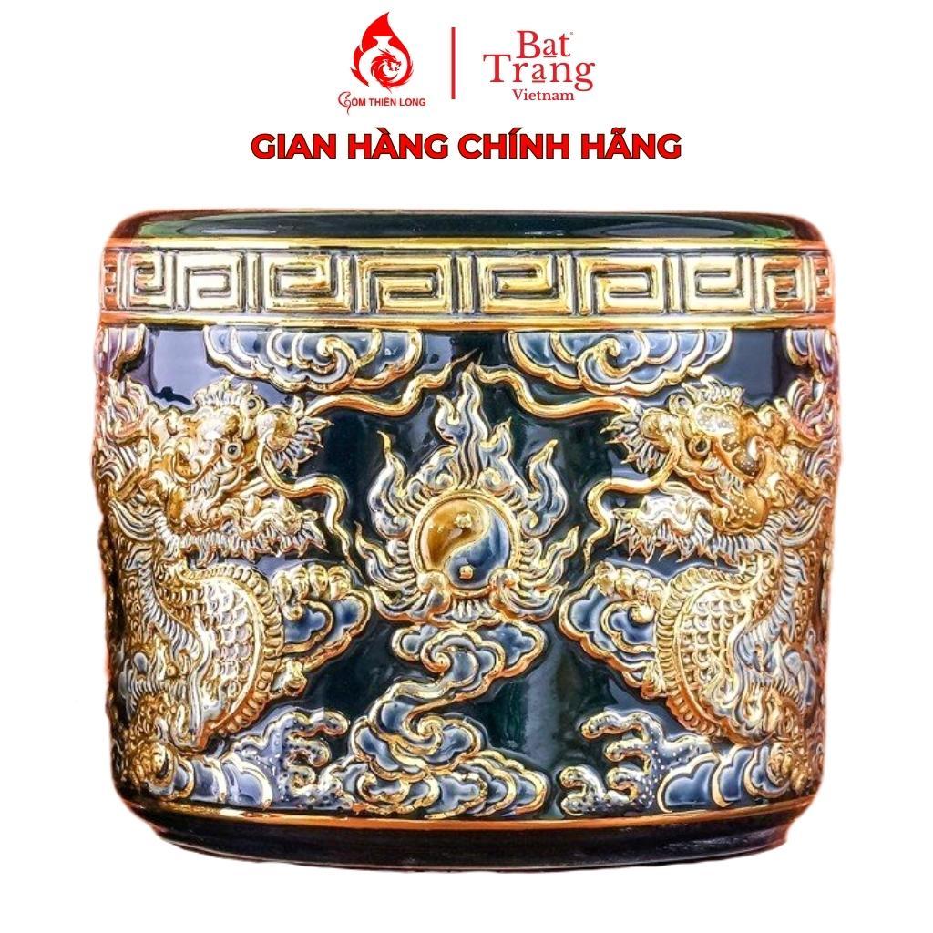 Bát hương Bát Tràng Gốm Thiên Long 231014 màu xanh tím coban đắp nổi vẽ vàng long chầu nguyệt - Full size