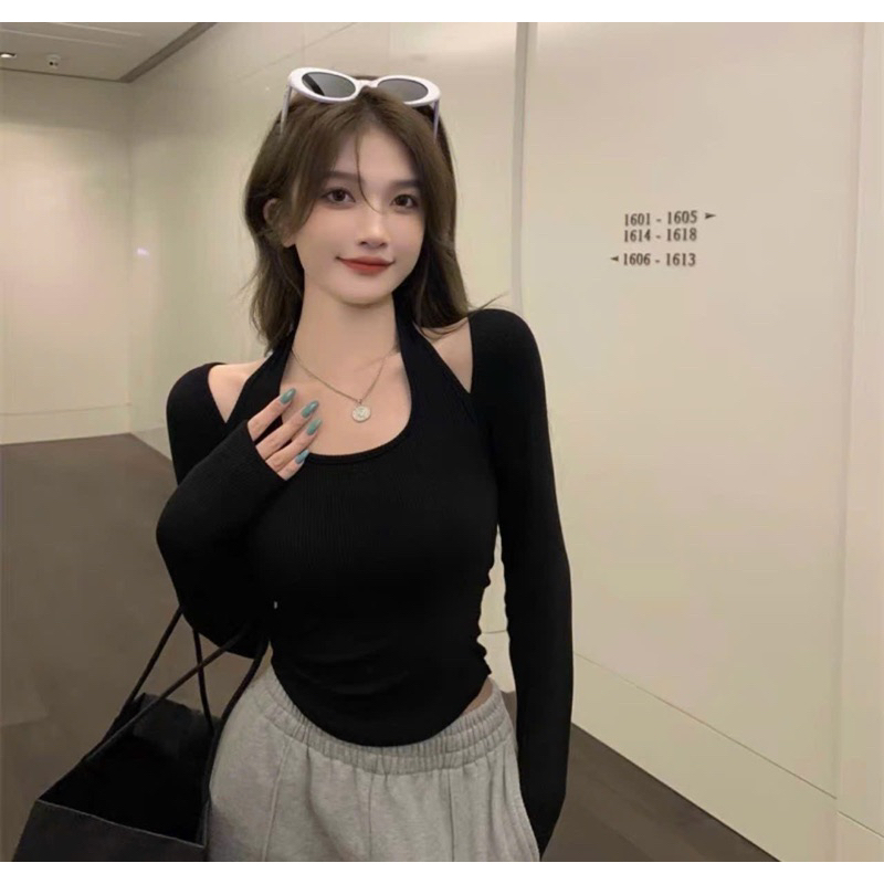 Áo cut out vai tay dài khoét vai chất thun nữ body đen