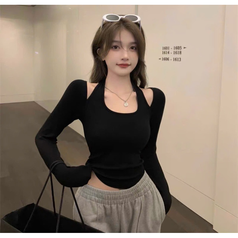 Áo cut out vai tay dài khoét vai chất thun nữ body đen