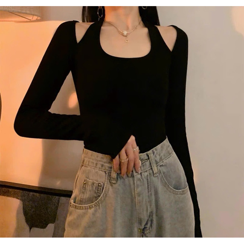 Áo cut out vai tay dài khoét vai chất thun nữ body đen