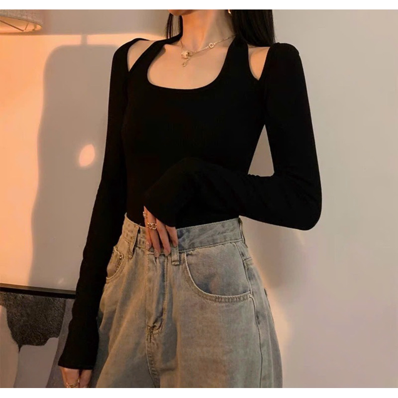 Áo cut out vai tay dài khoét vai chất thun nữ body đen