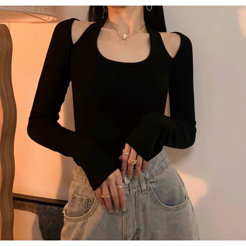 Áo cut out vai tay dài khoét vai chất thun nữ body đen