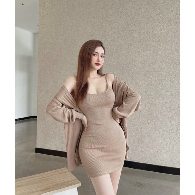 Set Đầm Body 2 Dây Kèm Áo Khoác Dáng Dài