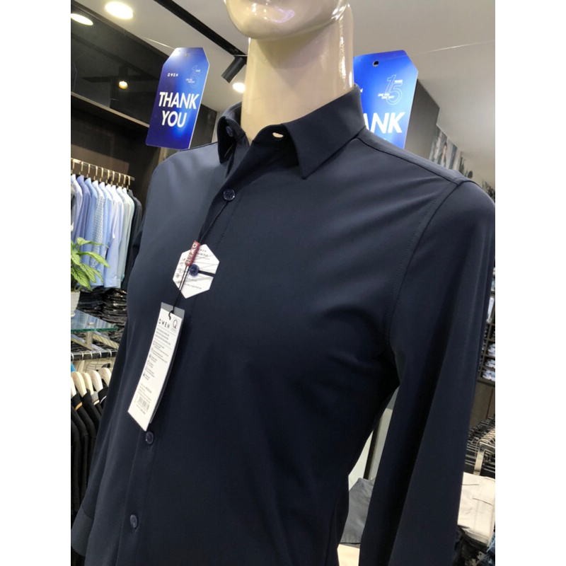 Áo sơ mi owen dài tay màu navy slim fit vải knit dòng cao cấp AS230104D