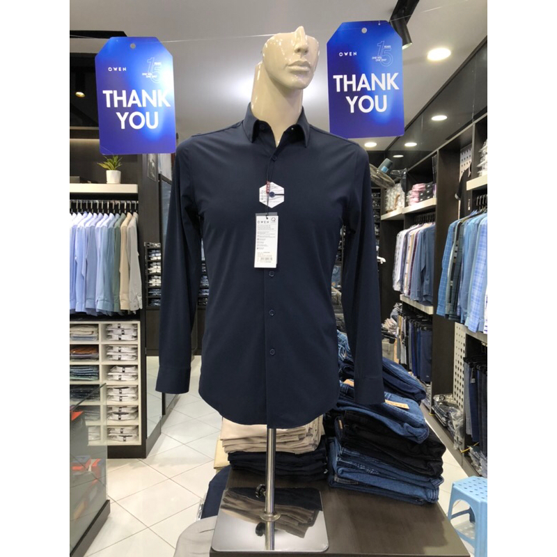 Áo sơ mi owen dài tay màu navy slim fit vải knit dòng cao cấp AS230104D