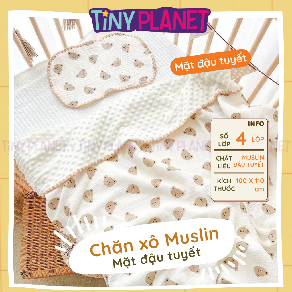 Chăn Muslin lót hạt đậu tuyết nhung, chăn đắp cho bé, dày dặn, ấm áp, phong cách Hàn Quốc, kích thước 100x110cm