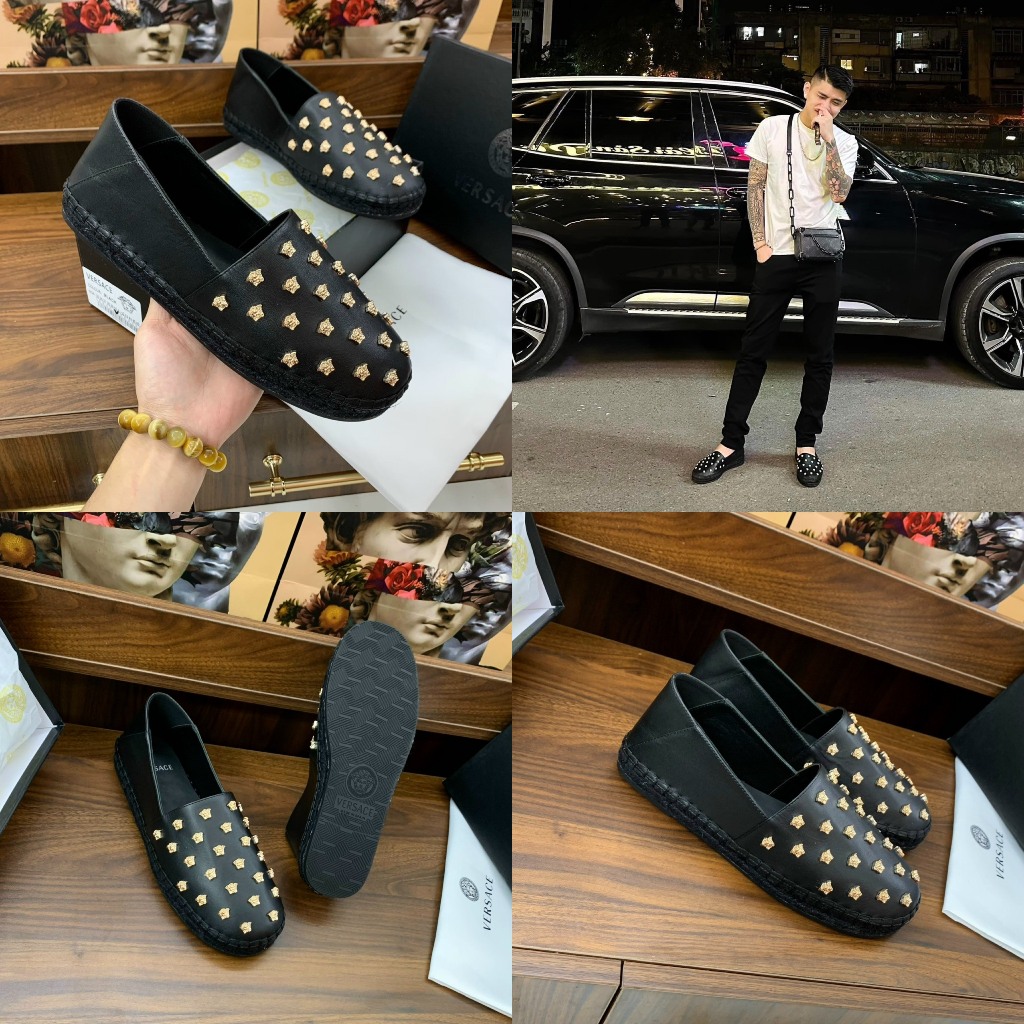 Giày Lười Nam đạt bê Họa Tiết Đính Mặt Vàng full hộp . GIày Lười Da Trơn bùi đặt đính đá Giản Siêu Đẹp