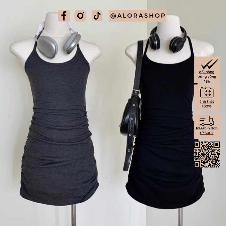 Set 2 món váy cổ yếm dúm 2 bên kèm áo croptop ghi, đen thời trang nữ Alora