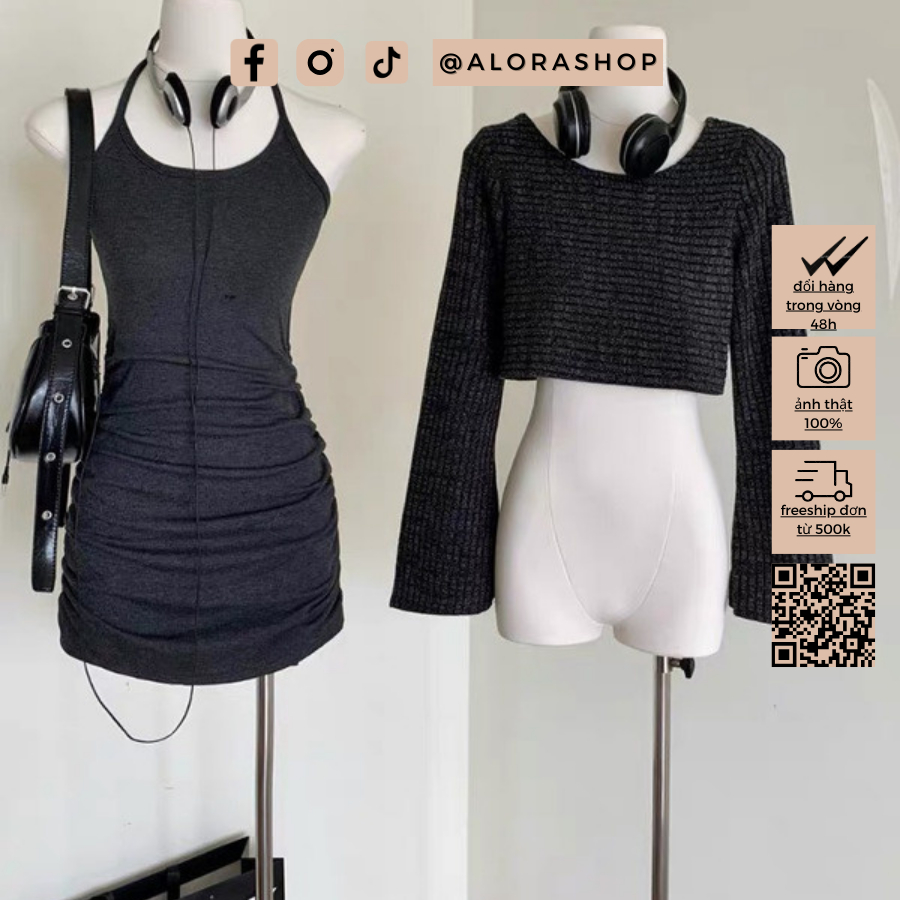 Set 2 món váy cổ yếm dúm 2 bên kèm áo croptop ghi, đen thời trang nữ Alora