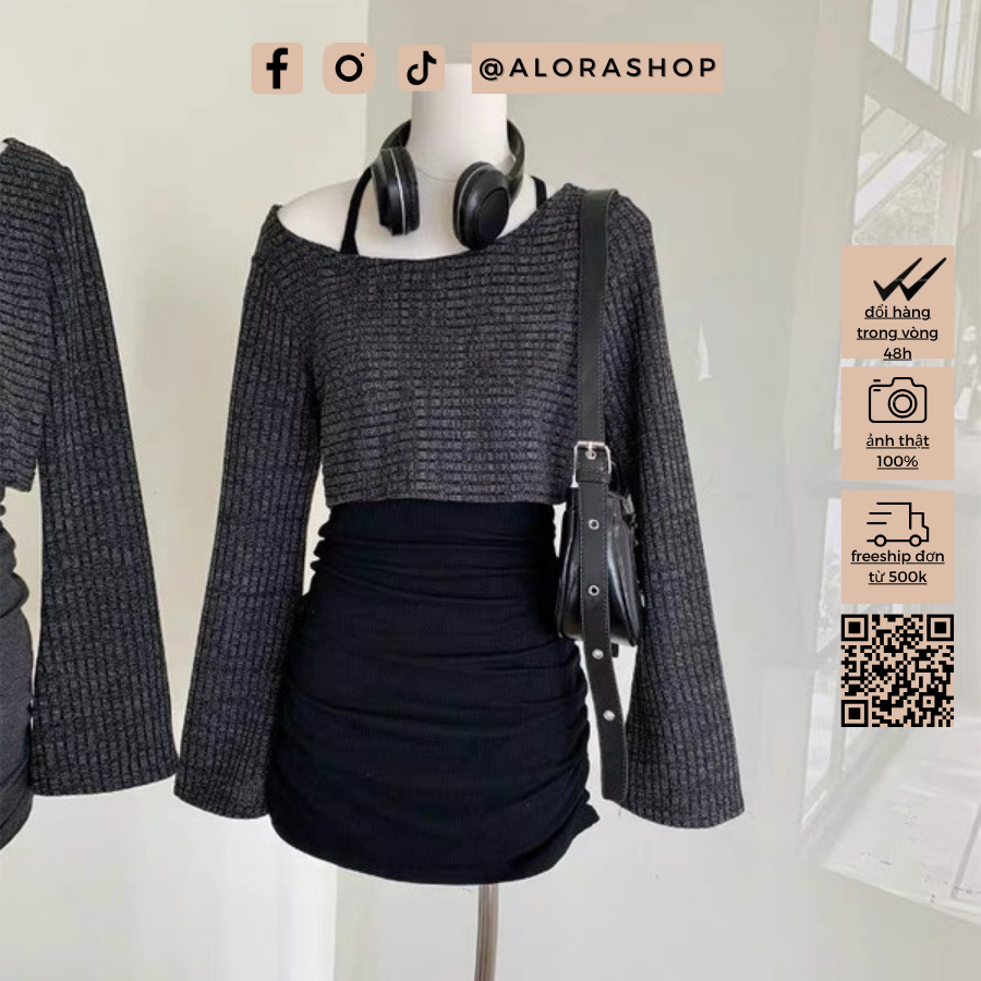 Set 2 món váy cổ yếm dúm 2 bên kèm áo croptop ghi, đen thời trang nữ Alora