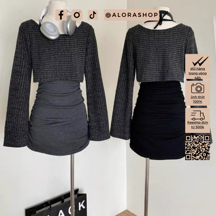 Set 2 món váy cổ yếm dúm 2 bên kèm áo croptop ghi, đen thời trang nữ Alora