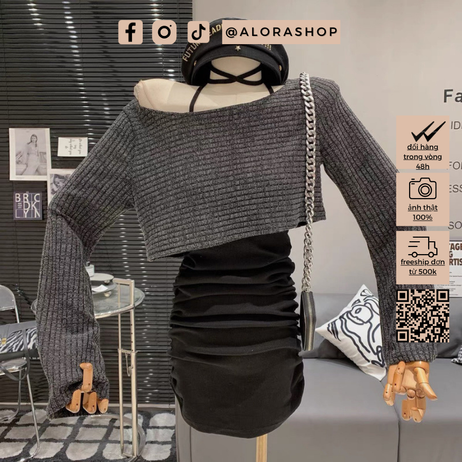 Set 2 món váy cổ yếm dúm 2 bên kèm áo croptop ghi, đen thời trang nữ Alora